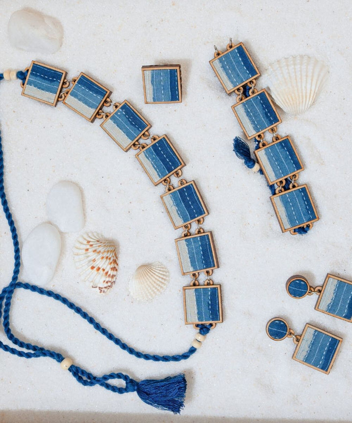 Shades of indigo blue handmade repurposed fabric wood square choker