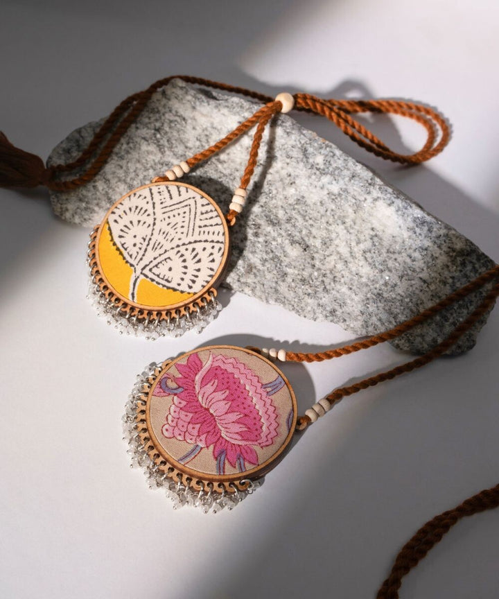 Pink yellow two in one repurposed fabric wood round pendant