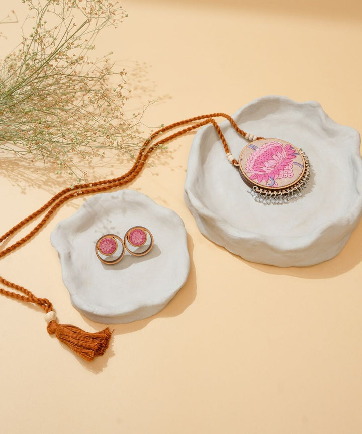 Pink yellow two in one repurposed fabric wood round pendant