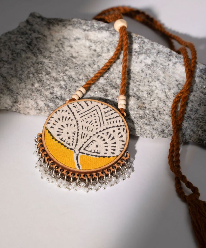 Pink yellow two in one repurposed fabric wood round pendant