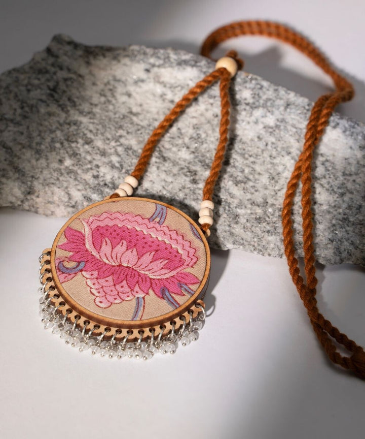 Pink yellow two in one repurposed fabric wood round pendant