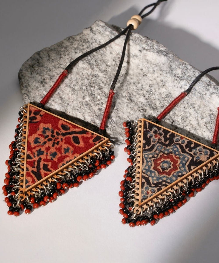 Multicolor two in one repurposed fabric and wood triangle pendant