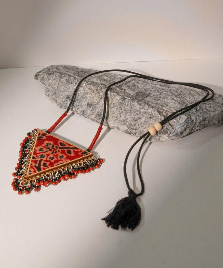 Multicolor two in one repurposed fabric and wood triangle pendant