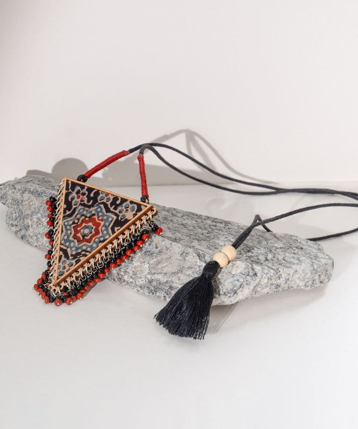 Multicolor two in one repurposed fabric and wood triangle pendant