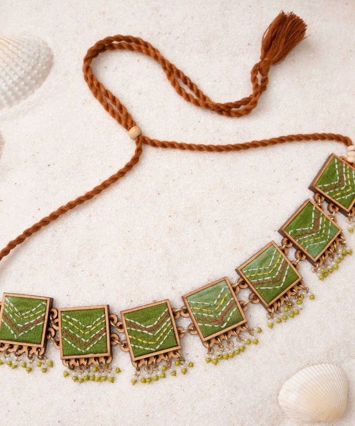 Green kantha repurposed silk fabric and wood necklace