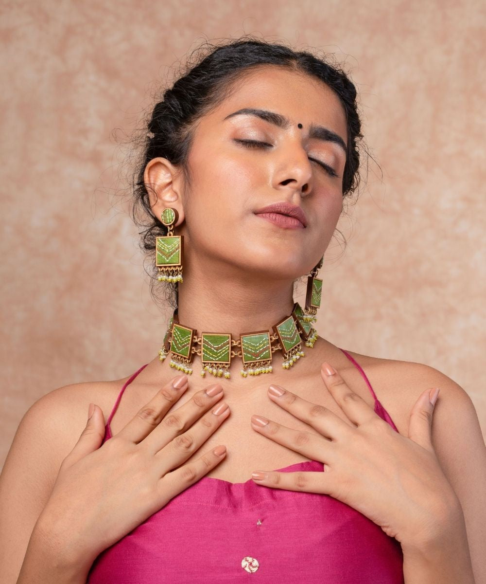 Green kantha repurposed silk fabric and wood necklace