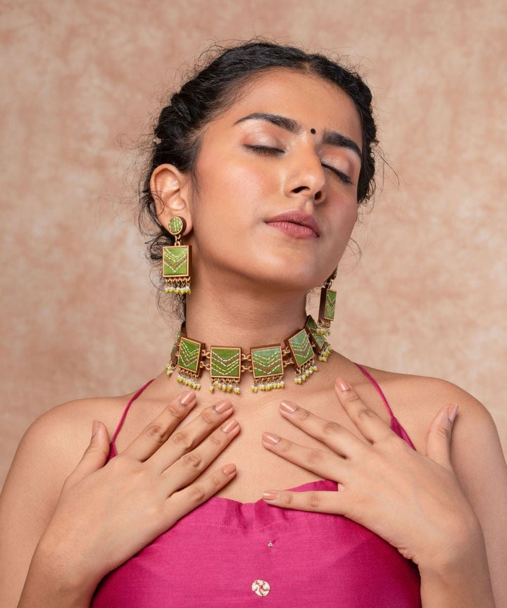 Green kantha repurposed silk fabric and wood necklace