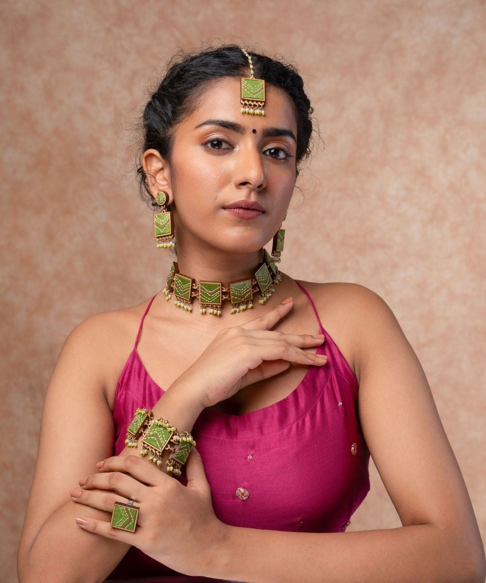 Green kantha repurposed silk fabric and wood necklace
