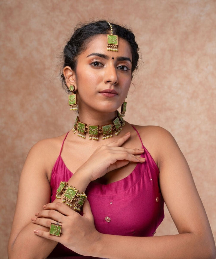 Green kantha repurposed silk fabric and wood necklace