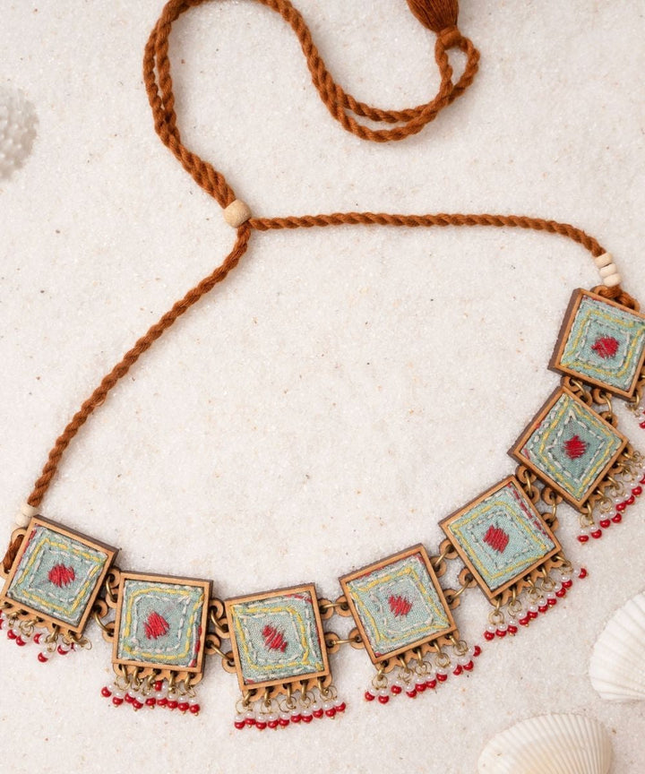 Columbia bluekantha repurposed silk fabric and wood necklace