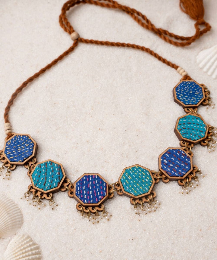 Multicolor neel tarang kantha repurposed silk fabric wood necklace