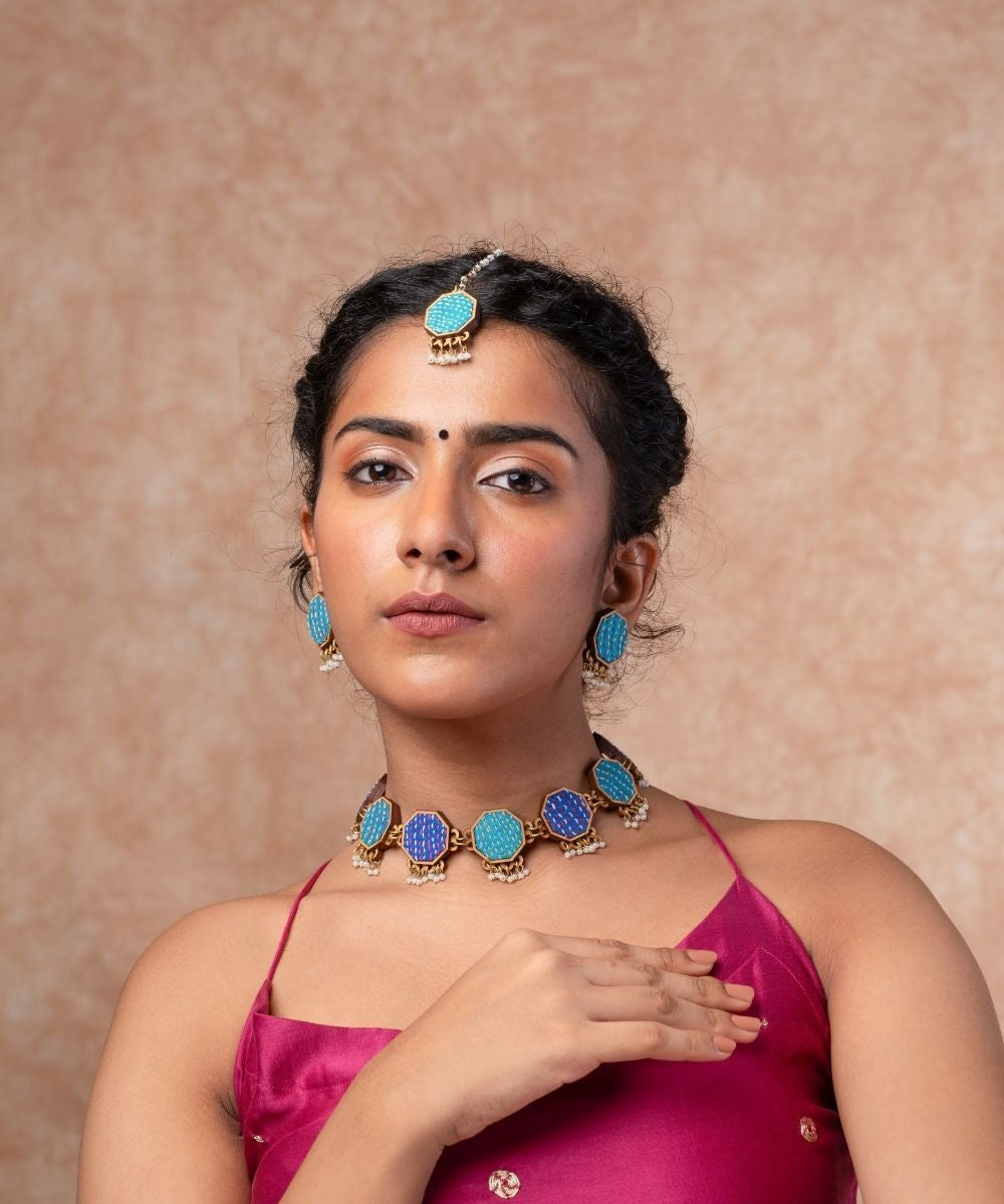 Multicolor neel tarang kantha repurposed silk fabric wood necklace