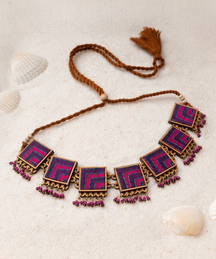 Pink purple kantha repurposed silk fabric and wood necklace