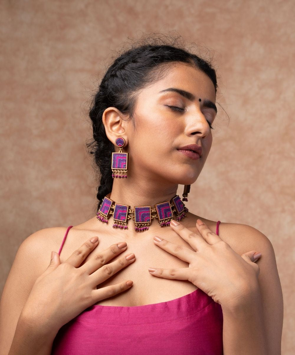 Pink purple kantha repurposed silk fabric and wood necklace