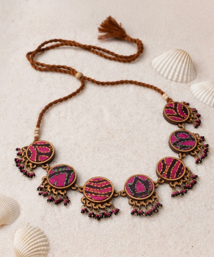 Multicolor kantha silk fabric and repurposed wood necklace