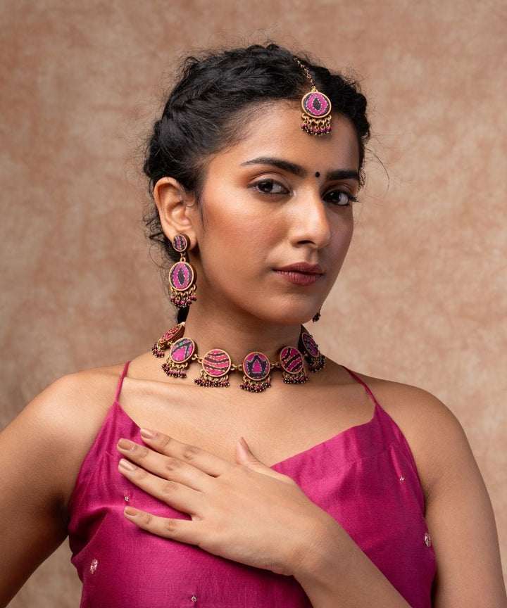 Multicolor kantha silk fabric and repurposed wood necklace