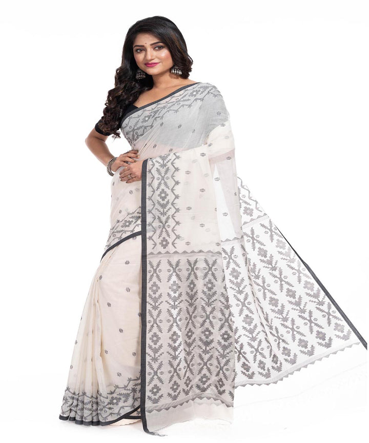 White black cotton handwoven jamdani saree