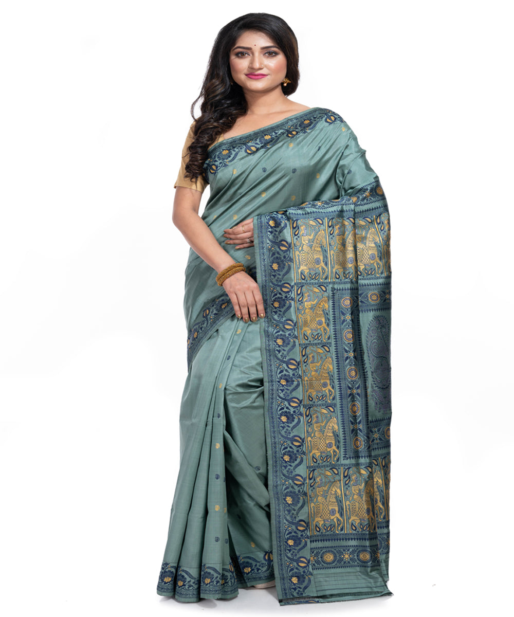 Teal green silk handwoven baluchari saree