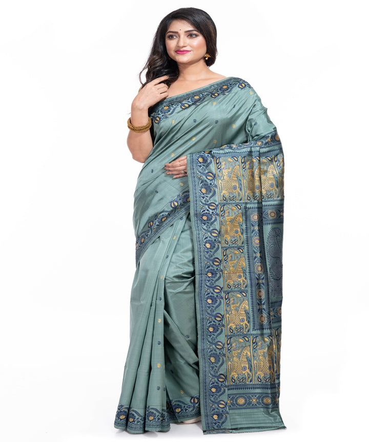 Teal green silk handwoven baluchari saree