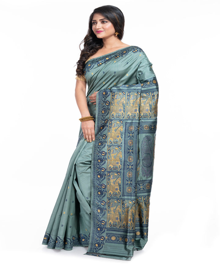 Teal green silk handwoven baluchari saree