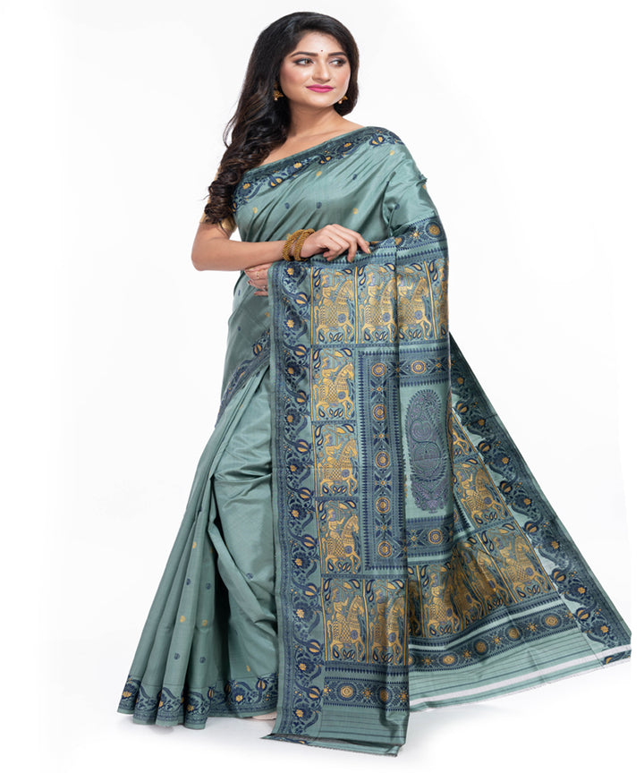 Teal green silk handwoven baluchari saree