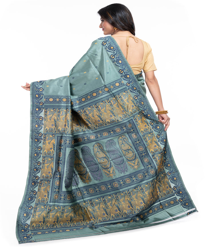 Teal green silk handwoven baluchari saree