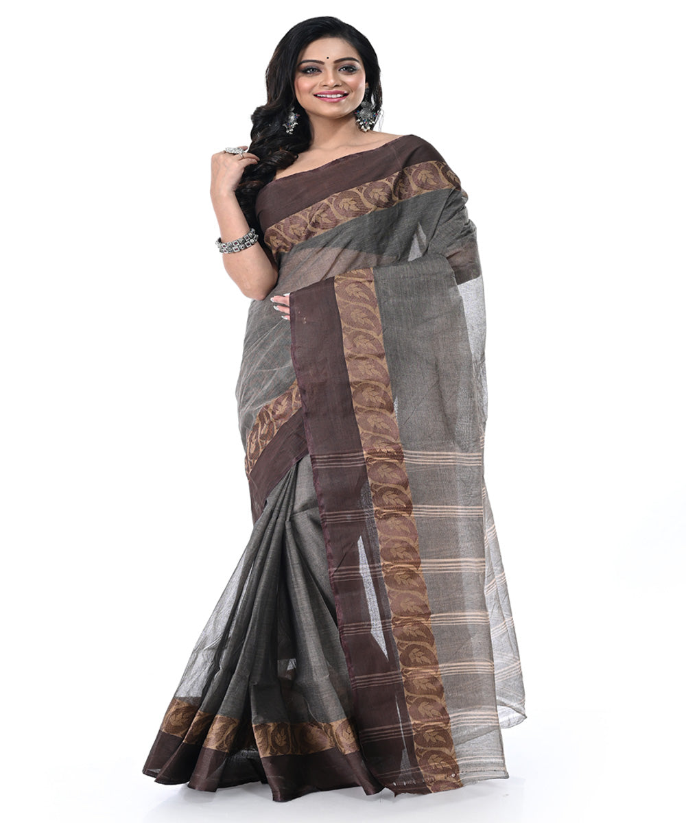 Charcoal Cotton Grey Saree with Red & Beige Buti