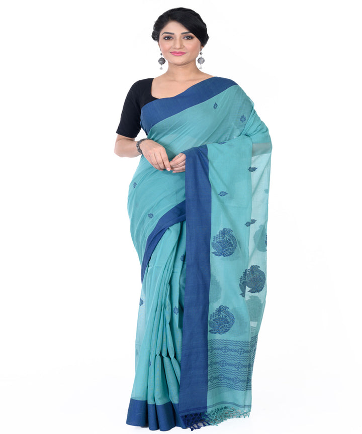 Cyan blue handloom tangail cotton saree