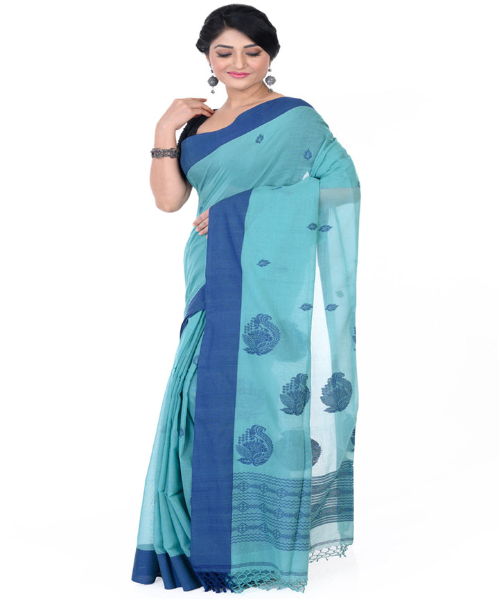 Cyan blue handloom tangail cotton saree