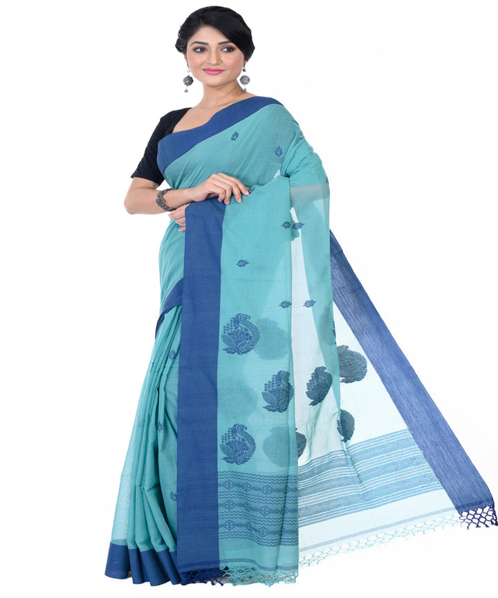 Cyan blue handloom tangail cotton saree