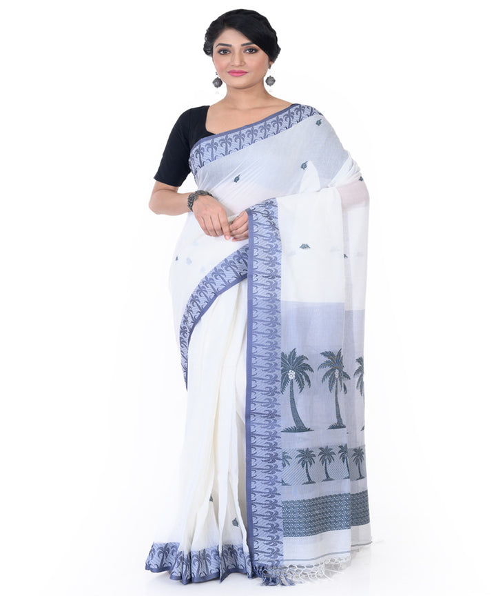 White blue handloom tangail cotton saree
