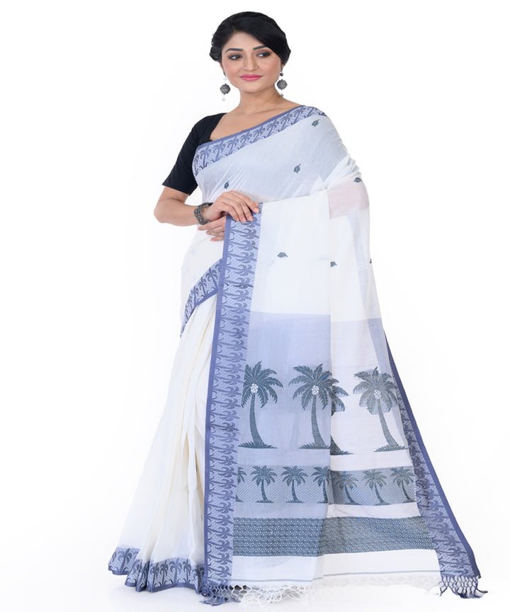 White blue handloom tangail cotton saree