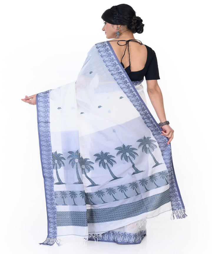 White blue handloom tangail cotton saree