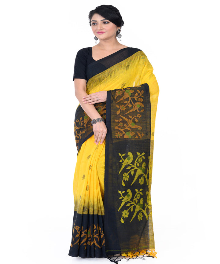 Yellow black handloom tangail cotton saree