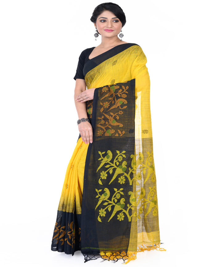 Yellow black handloom tangail cotton saree