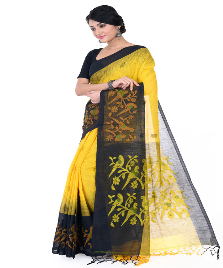 Yellow black handloom tangail cotton saree