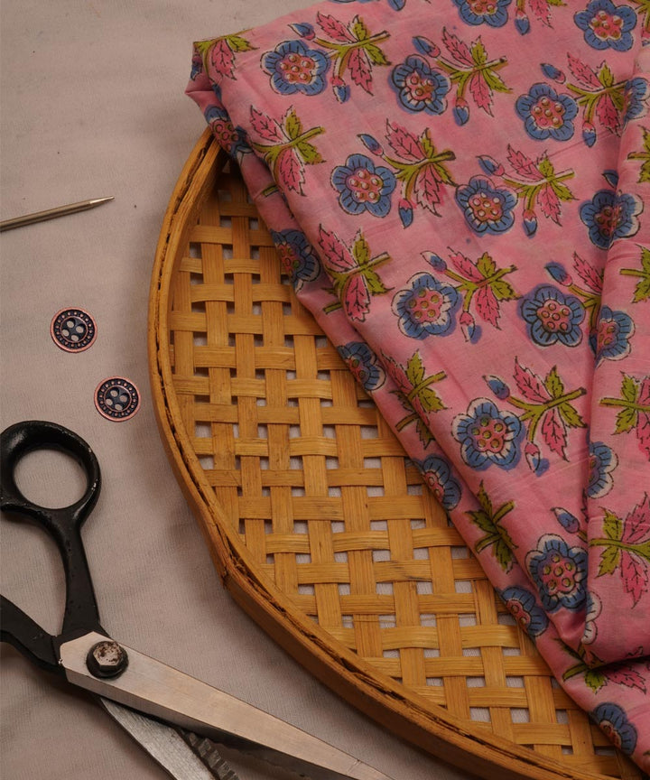 Pink hand block print cotton sanganeri fabric