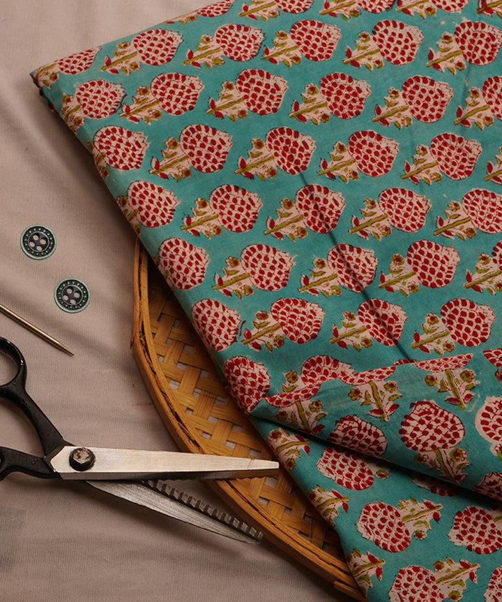 Turquoise handblock print cotton sanganeri fabrics