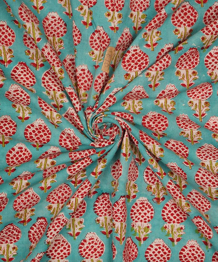 Turquoise handblock print cotton sanganeri fabrics