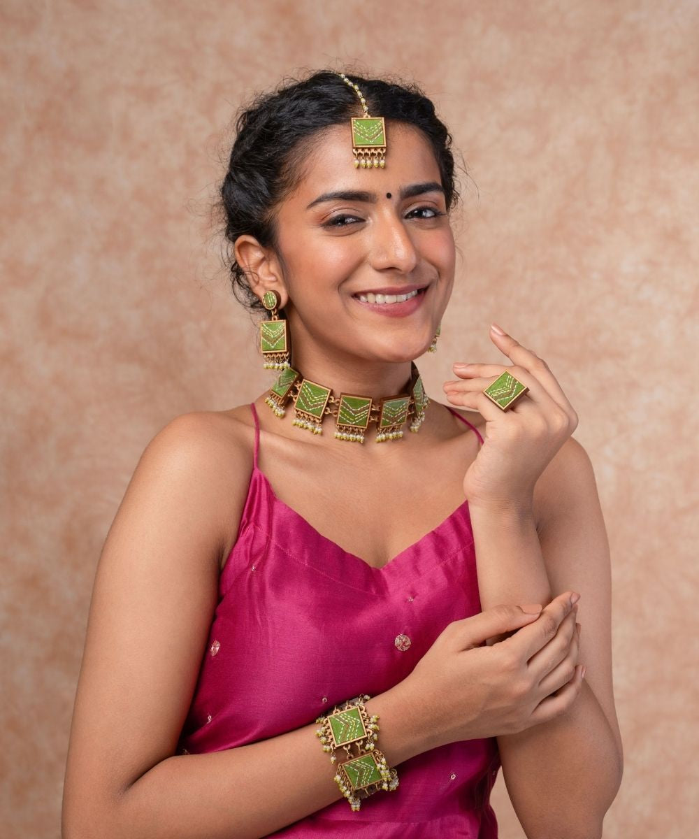 Green kantha repurposed silk fabric and wood maang tika