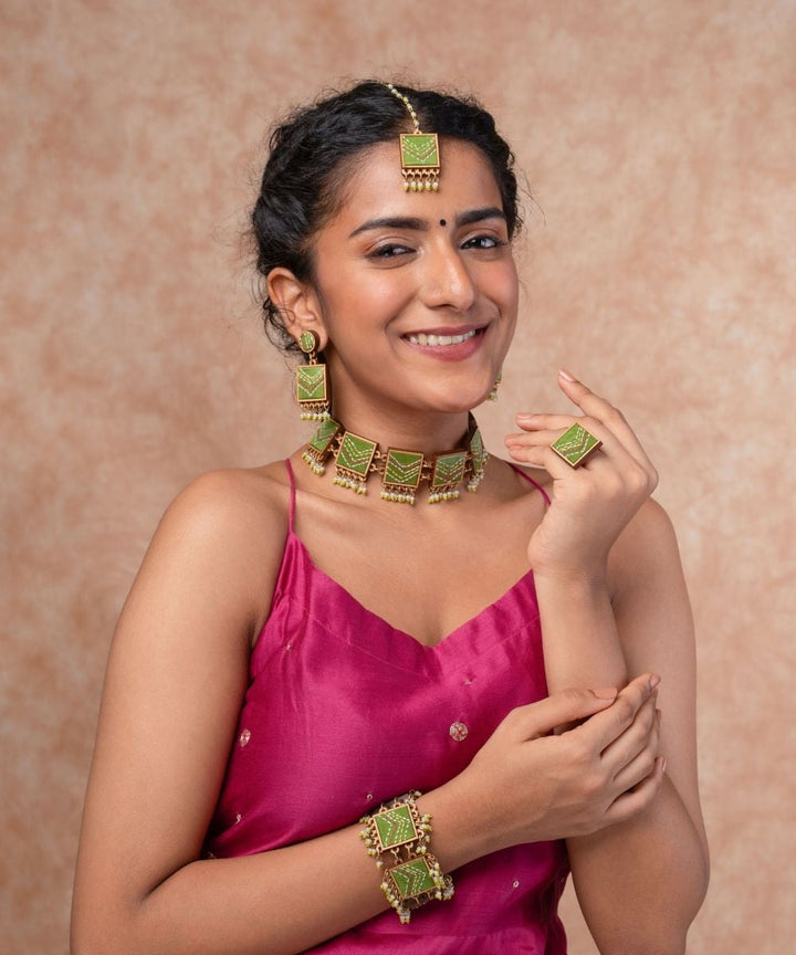 Green kantha repurposed silk fabric and wood maang tika