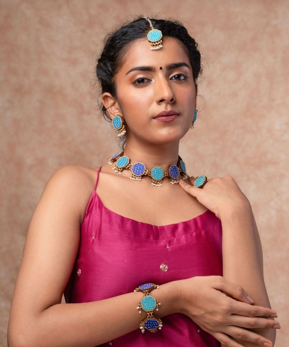 Turquoise kantha repurposed silk fabric and wood maang tika