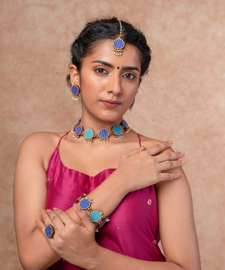 Blue kantha repurposed silk fabric and wood maang tika