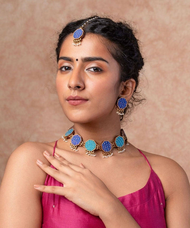 Blue kantha repurposed silk fabric and wood maang tika