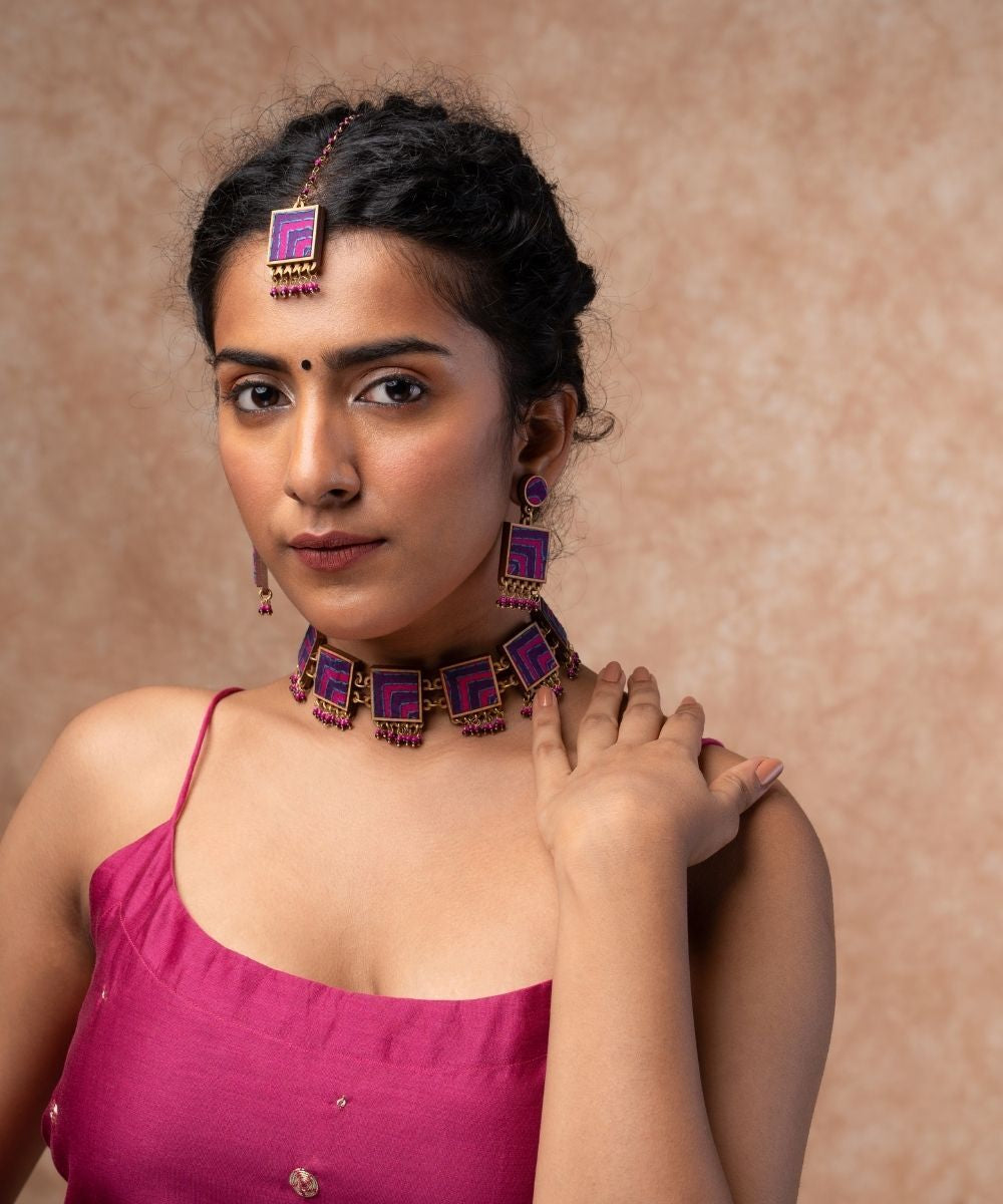 Pink purple kantha repurposed silk fabric and wood  tikka