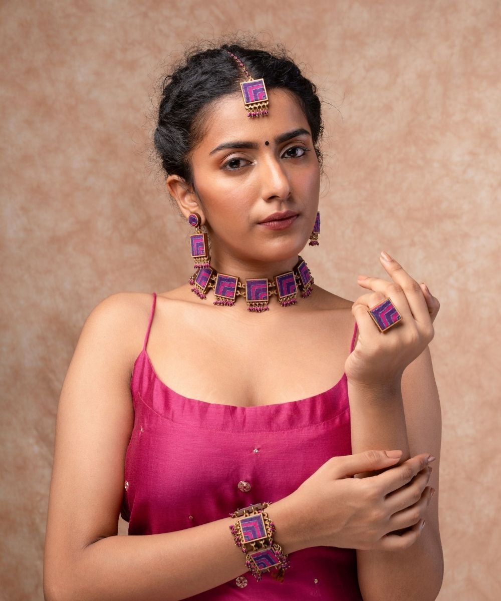 Pink purple kantha repurposed silk fabric and wood  tikka