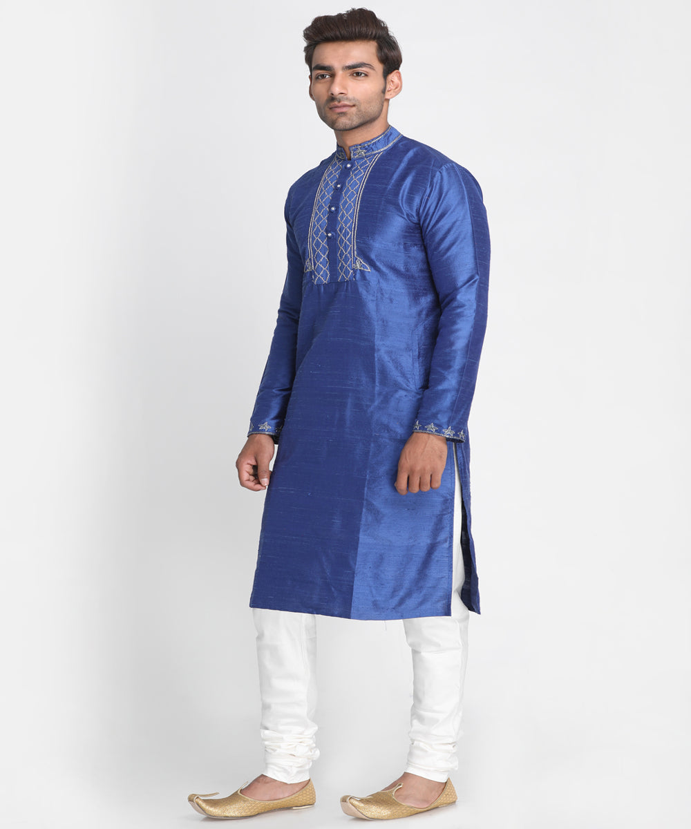 Blue handwoven cotton silk kurta