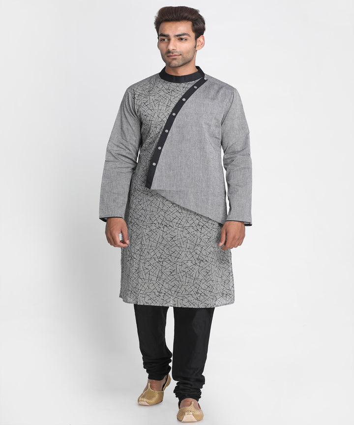 Grey black handwoven block print cotton kurta