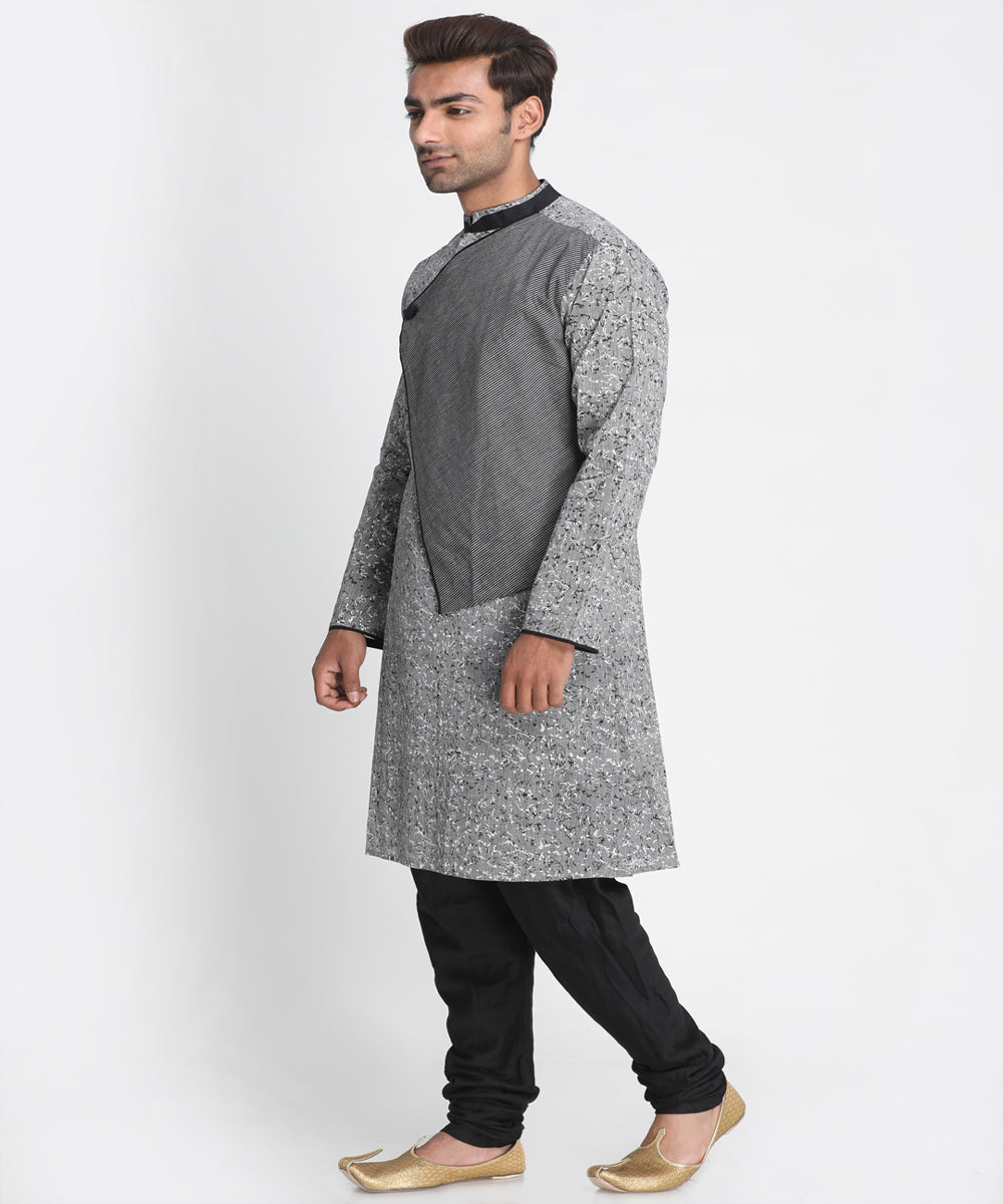 Grey handwoven block print cotton kurta