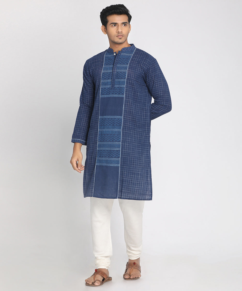 Blue handwoven cotton hand block full sleeves kurta